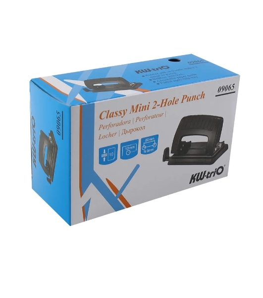 Дырокол Kw-Trio Classic Mini 09065BLACK, до 10 листов, металл черный, отверстий: 2, с линейкой