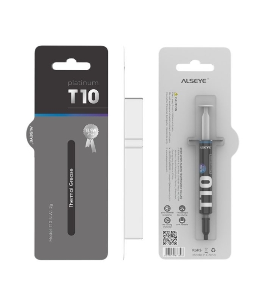 Термопаста ALSEYE T10 Thermal conductivity: 13.9W/m-k Color: Gray Conductivity: non-conductive specific gravity: 2.7g/cm³@25℃ Capacity: 1.2мл Weight: 2G