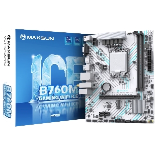 Материнская плата Maxsun B760M GAMING WIFI ICE, LGA 1700, Intel B760, 2xDDR4, 3xSATA, 1xM.2, 1xPCIe 4.0 x16, 1xPCIe x1, 1xVGA, 1xHDMI, 1x1Gb LAN, Wi-Fi 5, Bluetooth 4.2, 2xUSB-A 5Gbps, 4xUSB-A 2.0, 3x3.5 мм, 7.1, белый, mATX