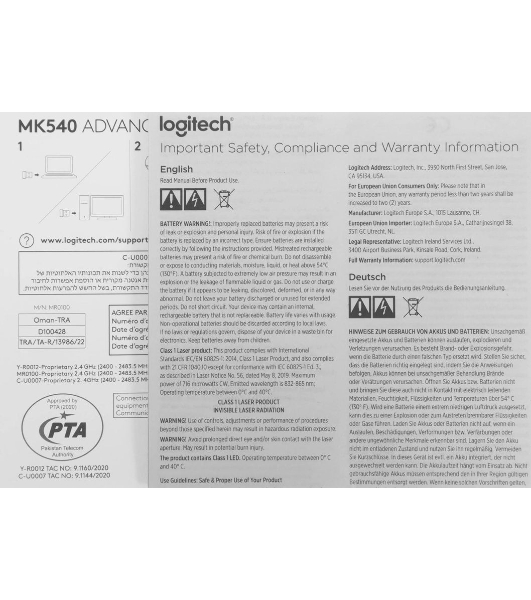 Комплект клавиатура+мышь Logitech MK540 Advanced беспроводной, USB, 1000 DPI, чёрный