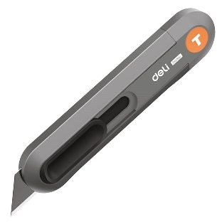 Технический нож Home Series Gray Deli HT4008C Т-образное лезвие с механизмом автоматического возврата, эксклюзивный дизайн, корпус из высококачественного софттач пластика