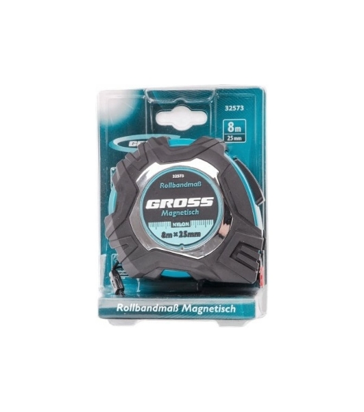 Рулетка Gross Magnetisch, 8 м х 25 мм, обрезин. корпус, автоматич. фиксация, нейлон. покр., магн. зацеп