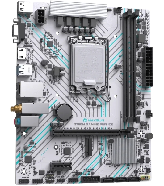 Материнская плата Maxsun B760M GAMING WIFI ICE, LGA 1700, Intel B760, 2xDDR4, 3xSATA, 1xM.2, 1xPCIe 4.0 x16, 1xPCIe x1, 1xVGA, 1xHDMI, 1x1Gb LAN, Wi-Fi 5, Bluetooth 4.2, 2xUSB-A 5Gbps, 4xUSB-A 2.0, 3x3.5 мм, 7.1, белый, mATX