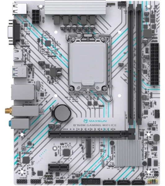Материнская плата Maxsun B760M GAMING WIFI ICE, LGA 1700, Intel B760, 2xDDR4, 3xSATA, 1xM.2, 1xPCIe 4.0 x16, 1xPCIe x1, 1xVGA, 1xHDMI, 1x1Gb LAN, Wi-Fi 5, Bluetooth 4.2, 2xUSB-A 5Gbps, 4xUSB-A 2.0, 3x3.5 мм, 7.1, белый, mATX