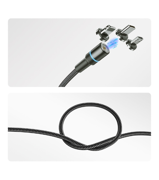Кабель USB Rexant 3в1 со съемными магнитными портами, Type-С (2A), Lightning (2,4A), Micro USB (2A), 1,2м, в черной оплетке, с LED подсветкой