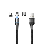 Кабель USB Rexant 3в1 со съемными магнитными портами, Type-С (2A), Lightning (2,4A), Micro USB (2A), 1,2м, в черной оплетке, с LED подсветкой, фото 1