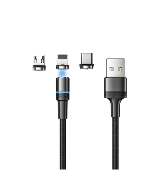 Кабель USB Rexant 3в1 со съемными магнитными портами, Type-С (2A), Lightning (2,4A), Micro USB (2A), 1,2м, в черной оплетке, с LED подсветкой