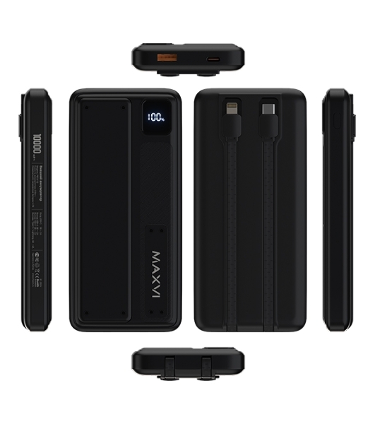 Портативный аккумулятор Maxvi PB10-10 10000 мАч, 2A USB + кабели: Type-C/Lightning