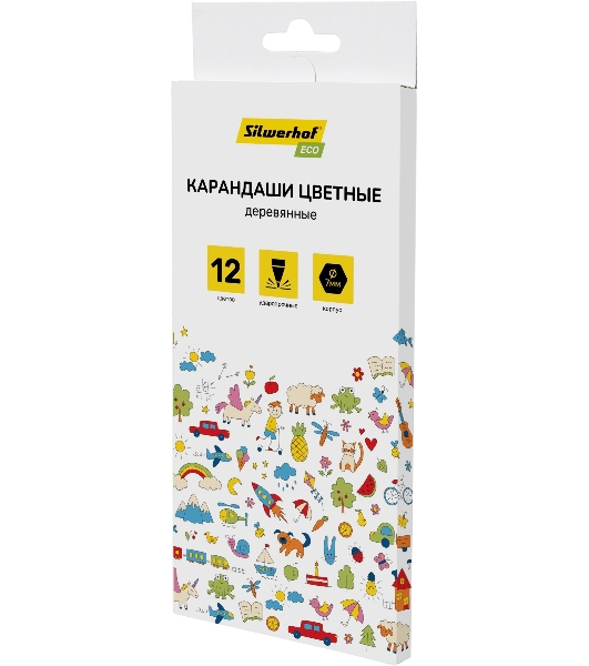 Карандаши цветные Silwerhof Eco 2.65 мм, шестигранный профиль, дерево, ассорти, 12 цветов, коробка с европодвесом