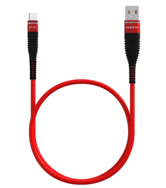 Кабель Maxvi MC-05T red USB-A - Type-C, 2A ток макс. нагрузки 2А, макс. напряжение 5V; стандарт USB 2.0; длина 1м, оплетка TPU, металлические корпуса разъемов, цвет красный