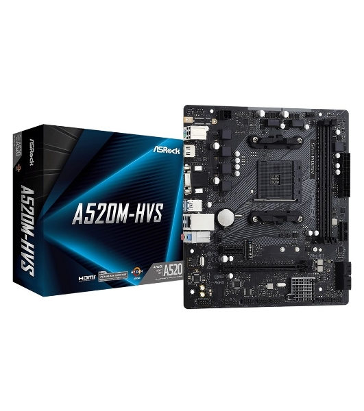 Материнская плата ASRock A520M-HVS, AM4, AMD A520, 2xDDR4, 4xSATA, 1xM.2, 1xPCIe 3.0 x16, 1xPCIe 3.0 x1, 1xHDMI, 1xVGA, 1x 1Gb LAN, 3x3.5 мм, 7.1, mATX