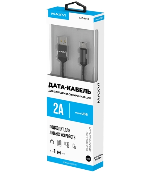 Кабель Maxvi MC-10M black, USB-A - microUSB, 2A ток макс. нагрузки 2А, макс. напряжение 5V; стандарт USB 2.0; длина 1м, нейлоновая оплетка, металлические корпуса разъемов, цвет черный