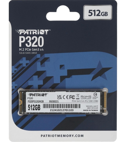 Накопитель SSD Patriot P320, 512Gb, PCIe 3.0 x4, M.2 2280, NVMe, R/W 3000/2200