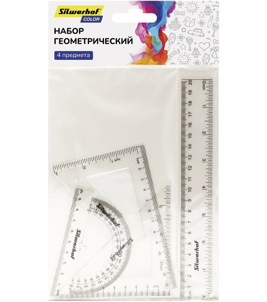 Набор линеек Silwerhof Color, пластик, прозрачный, в комплекте: линейка 20 см/угольник 30х14 см/угольник 45х10 см/транспортир 180