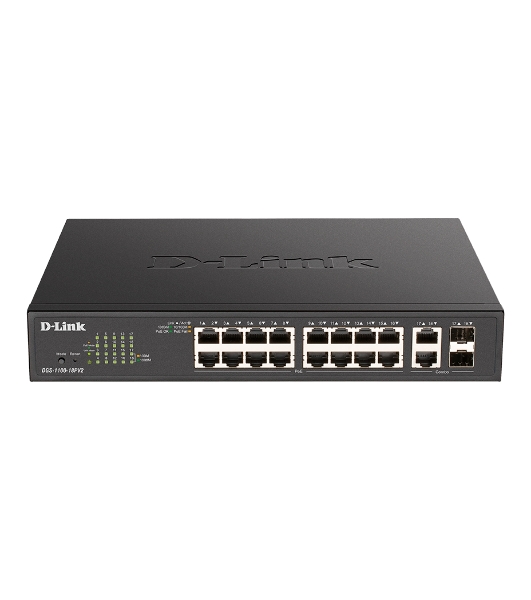 Коммутатор D-Link DGS-1100-18PV2/A, 16×1 Гбит/с + 2×1 Гбит/с SFP, настраиваемый
