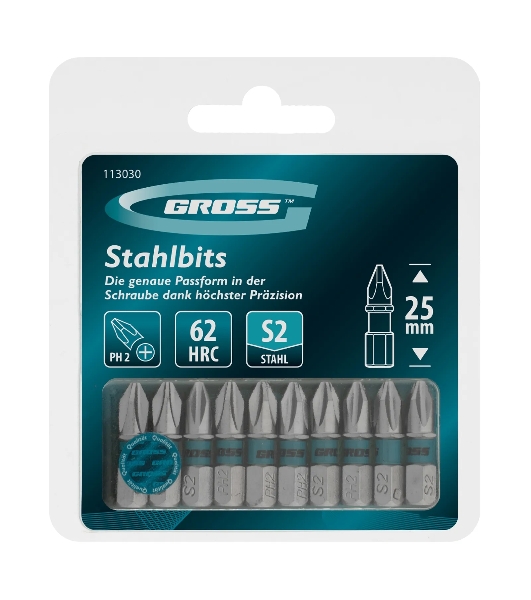 Бита Gross PH2х25мм, сталь S2, шестигр., 10 шт.