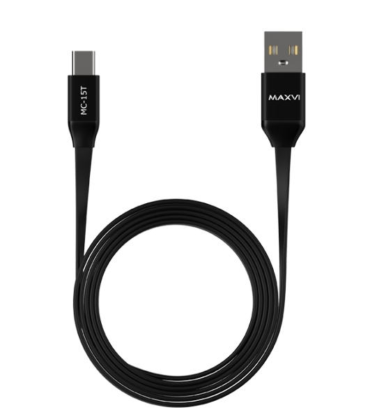 Кабель Maxvi MC-15T black, USB-A - Type-C, 2A ток макс. нагрузки 2А, макс. напряжение 5V; стандарт USB 2.0; плоский кабель, длина 1м, оплетка TPE, металлические корпуса разъемов, цвет черный