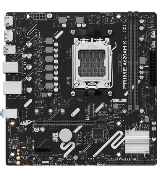 Материнская плата ASUS PRIME A620M-K, AM5, AMD A620, 2xDDR5, 4xSATA, 1xM.2, 1xPCIe 4.0 x16, 1xPCIe 3.0 x1, 1xHDMI, 1xDP, 1x1Gb LAN, 4xUSB-A 5Gbps, 2xUSB-A 2.0, 3x3.5 мм, 7.1, mATX