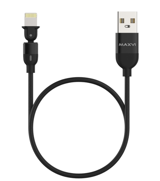 Кабель Maxvi MC-19L black, USB-A - Lightning, 2.4A, LED ток макс. нагрузки 2.4А, макс. напряжение 5V; стандарт USB 2.0; длина кабеля 1.5м, нейлоновая оплетка, металлические корпуса разъемов,LED подсветка, цвет: черный