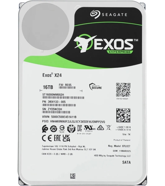 Жесткий диск Seagate Exos X24 HDD 3.5' SATA 12Tb, 7200 rpm, 512Mb buffer, 512e/4kn, CMR, ST12000NM000J, 1 year