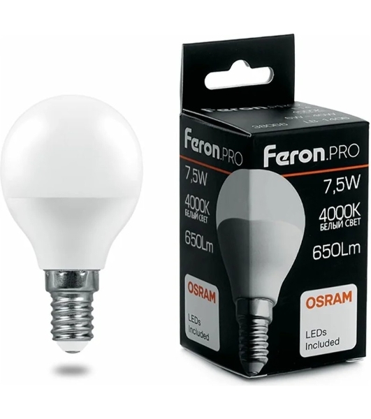 Лампа светодиодная Feron PRO LB-1407 (38072) 7.5Вт Е14 белый матовый шар