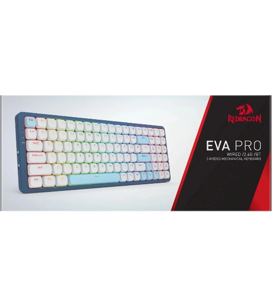 Клавиатура Redragon Eva Pro гибридная, USB Type-A, Bluetooth, радиоканал, белый/синий