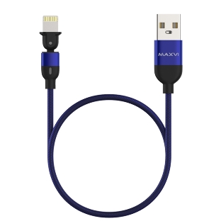 Кабель Maxvi MC-19L blue, USB-A - Lightning, 2.4A, LED ток макс. нагрузки 2.4А, макс. напряжение 5V; стандарт USB 2.0; длина кабеля 1.5м, нейлоновая оплетка, металлические корпуса разъемов,LED подсветка, цвет: синий
