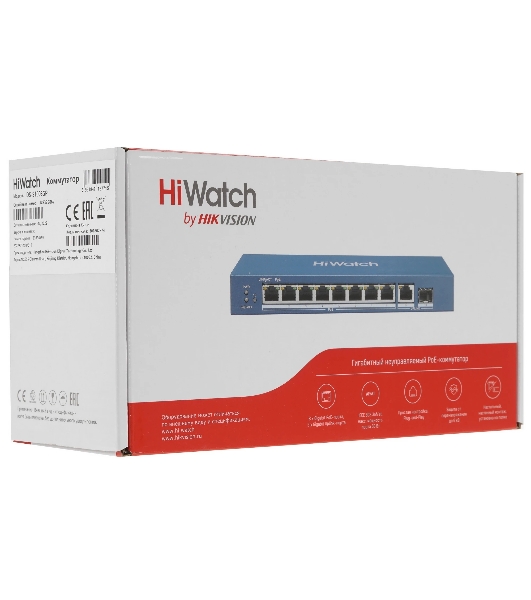 Коммутатор HiWatch DS-S1008GP, 8×1 Гбит/с PoE + 1×1 Гбит/с + 1×1 Гбит/с SFP, неуправляемый
