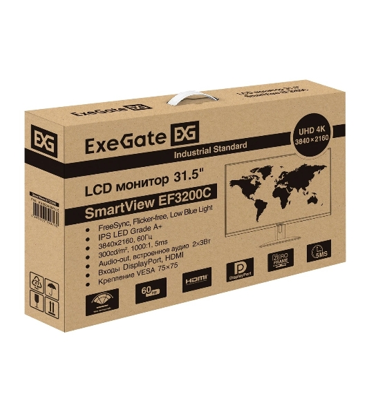 Монитор 31.5' ExeGate SmartView EF3200C IPS 3840x2160, 60 Гц, 5 мс, 16:9, 300 кд/м², HDMI 2.0, DP, 3.5 Jack, USB Hub, динамики (2x3 Вт), HDR10, FreeSync, черный
