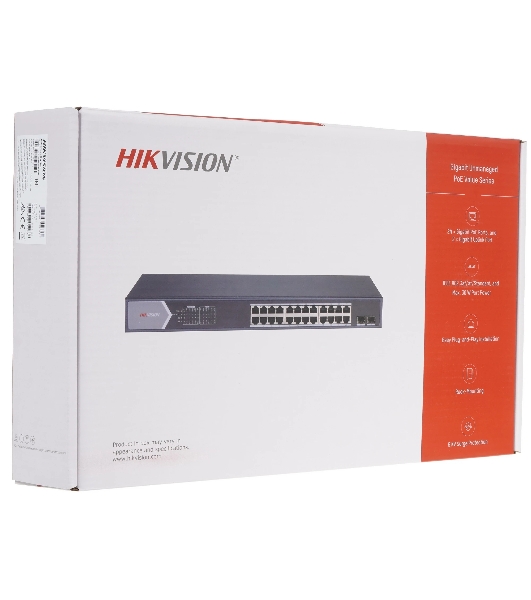 Коммутатор Hikvision DS-3E0526P-E/M(O-STD)(B), 24×1 Гбит/с PoE + 2×1 Гбит/с SFP, неуправляемый
