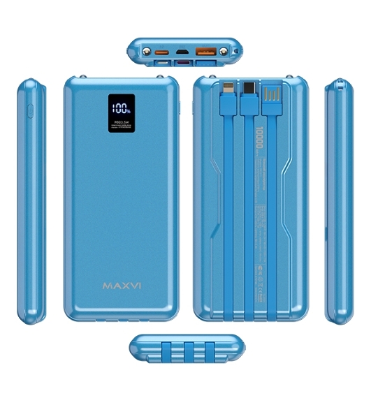 Портативный аккумулятор Maxvi PB10-11 10000 мАч blue 3A, встроенные кабели USB A/Type-C/Lightning