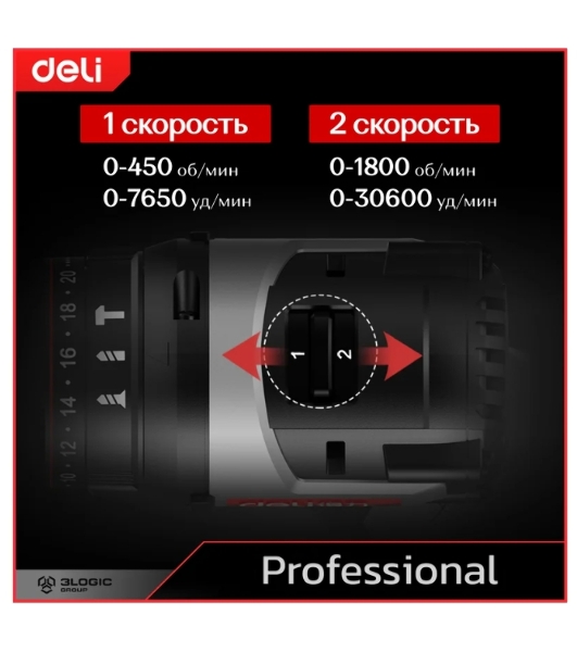 Дрель-шуруповерт Deli DE-CZ20-1D2, 20 В, 2 Ач, 70 Нм, бесщеточный, ударный