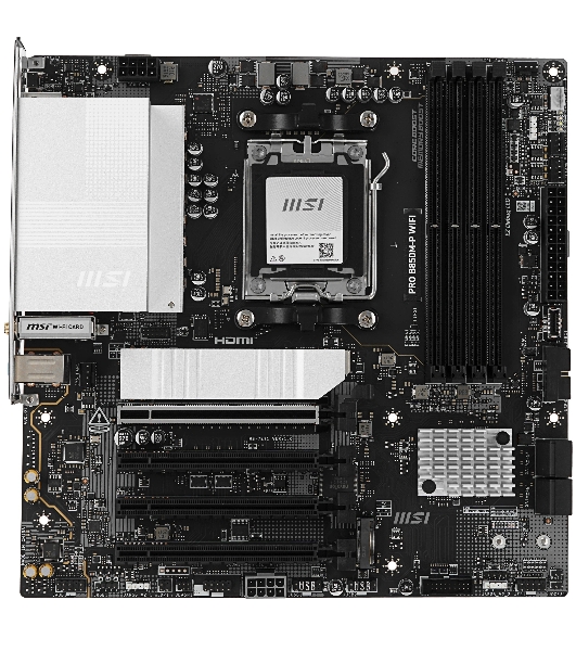 Материнская плата MSI PRO B850M-P, AM5, AMD B850, 4xDDR5, 4xSATA, 3xM.2, 1xPCIe 5.0 x16, 3xPCIe 3.0 x16, 1xHDMI, 1xDP, 1x5Gb LAN, 1xUSB-C 10Gbps, 1xUSB-A 10Gbps, 2xUSB-A 5Gbps, 4xUSB-A 2.0, 3x3.5 мм, 7.1, чёрный, mATX