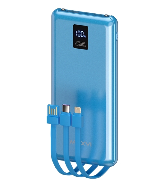 Портативный аккумулятор Maxvi PB10-11 10000 мАч blue 3A, встроенные кабели USB A/Type-C/Lightning