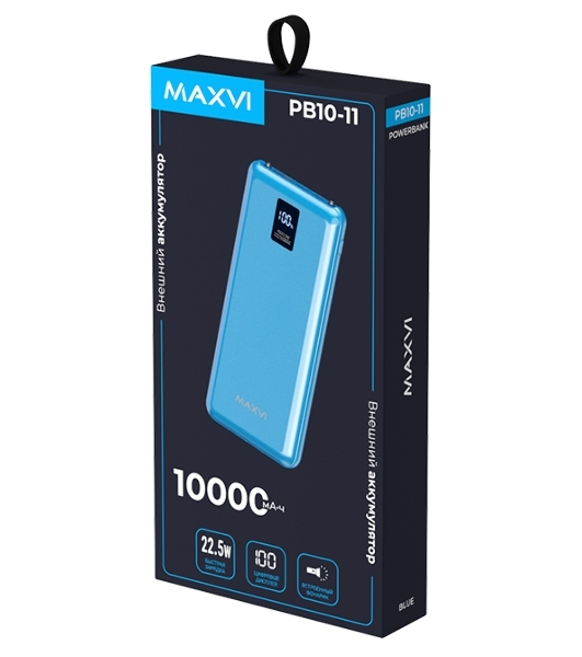 Портативный аккумулятор Maxvi PB10-11 10000 мАч blue 3A, встроенные кабели USB A/Type-C/Lightning