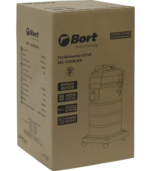 Пылесос профессиональный Bort BSS-1530 черный, 300/1500 Вт, уборка влажная/сухая, пылесборник мешок/контейнер 30л