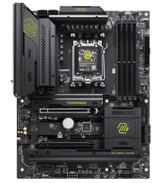 Материнская плата MSI MAG B850 TOMAHAWK WIFI, AM5, AMD B850, 4xDDR5, 4xSATA, 3xM.2, 1xPCIe 5.0 x16, 1xPCIe 4.0 x16, 1xPCIe x1, 1xHDMI, 1xDP, 1x5Gb LAN, Wi-Fi 7, Bluetooth 5.4, 1xUSB-C 20Gbps, 1xUSB-C 10Gbps, 2xUSB-A 10Gbps, 2xUSB-A 5Gbps, 4xUSB-A 2.0, 3x3.5 мм + S/PDIF оптический, 7.1, чёрный, ATX