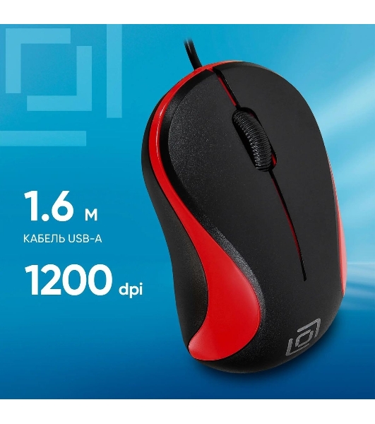 Мышь проводная Oklick 115S черный/красный, 1200 dpi, USB, кнопки - 3