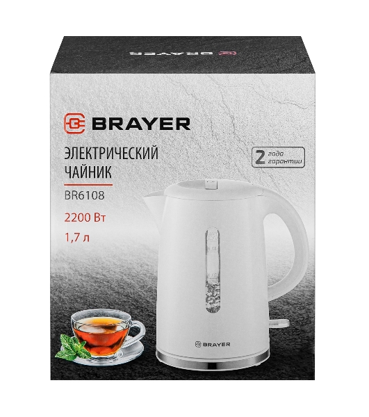 Чайник электрический BRAYER BR6108 1.7 л, 2200 Вт, белый