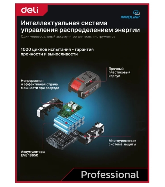 Дрель-шуруповерт Deli DE-CZ20-1D2, 20 В, 2 Ач, 70 Нм, бесщеточный, ударный