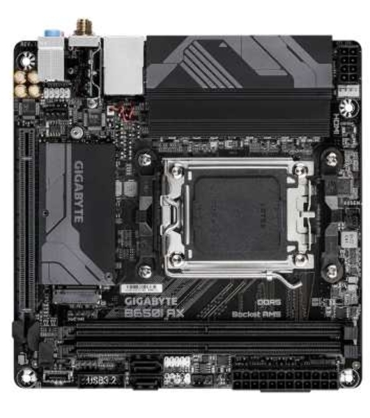 Материнская плата GIGABYTE B650I AX, AM5, AMD B650, 2xDDR5, 2xSATA, 1xM.2, 1xPCIe 4.0 x16, 1xHDMI, 1xDP, 1x2.5Gb LAN, Wi-Fi 6E, Bluetooth 5.3, 1xUSB-C 5Gbps, 1xUSB-A 5Gbps, 3xUSB-A 2.0, 3x3.5 мм, 7.1, ITX