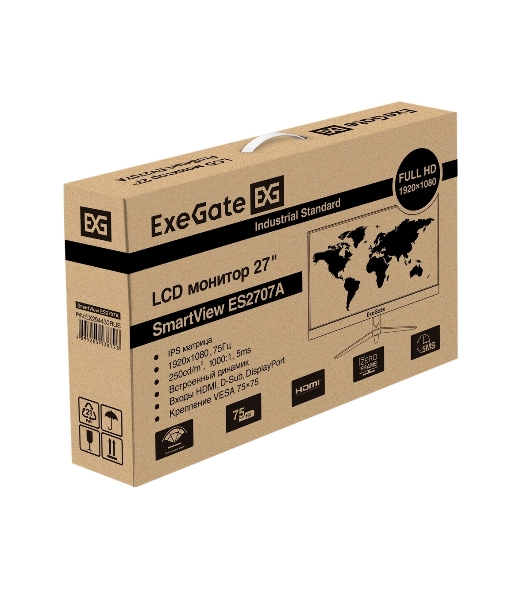 Монитор 27' ExeGate SmartView ES2707A IPS 1920x1080, 75 Гц, 5 мс, 16:9, 250 кд/м2, 1xHDMI, 1xDP, 1xVGA, 1x3.5 мм, черный