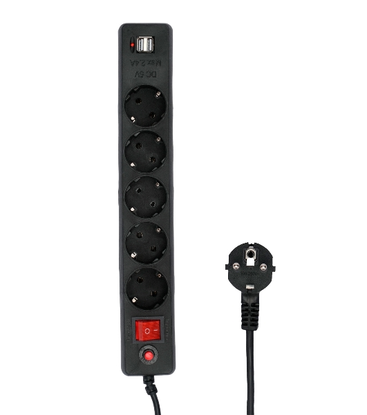 Сетевой фильтр Гарнизон 5 р, 10А, 2xUSB, 1.8 м, ур.защиты 4, черный, пакет