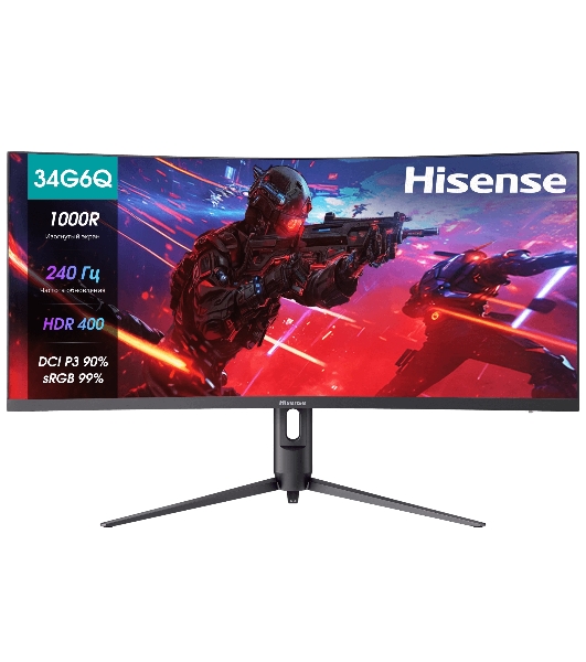 Монитор Hisense/ 34'/3440x1440, изогнутый, VA/ELED, 21:9, матовое/антибликовое, 240Гц, время отклика 1мс, 320кд/м2, 3000:1, встроенные колонки 2*3Вт, HDR 400, DisplayPort,  HDMIх2, разъем для наушников 3.5мм, rotatable lifting