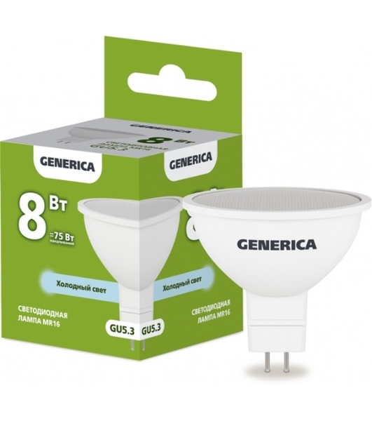 Лампа светодиодная MR16 софит 8Вт 230В 6500К GU5.3 GENERICA