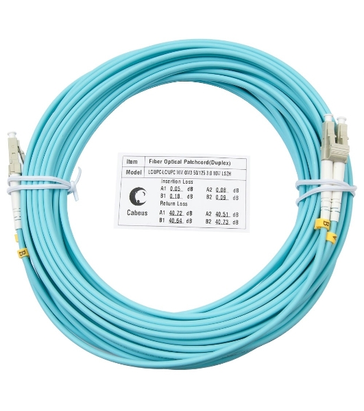 Шнур оптический Cabeus Tight Buffer, Duplex LC/LC, OM3 50/125, LSZH, 10м, d= 3мм, серый хвостовик, аква