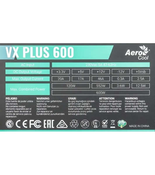 Блок питания Aerocool/Formula VX-600 PLUS, 600Вт 120мм, черный