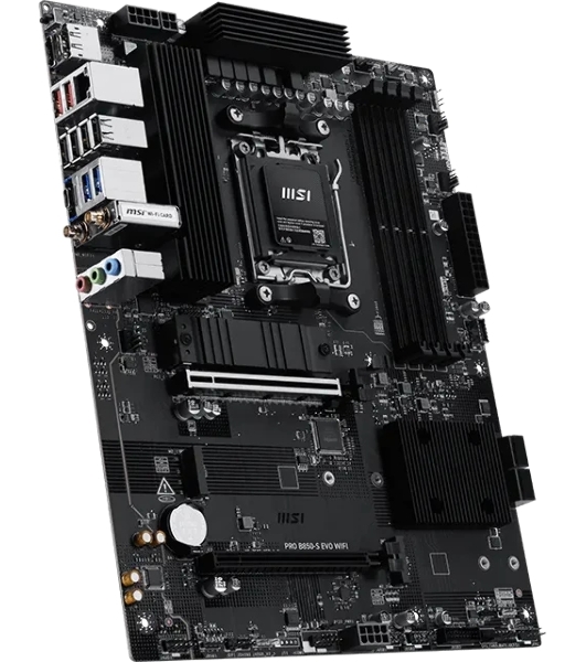 Материнская плата MSI PRO B850-S EVO WIFI, AM5, AMD B850, 4xDDR5 (до 256 ГБ), 4xSATA, 3xM.2 (1xPCIe 5.0, 2xPCIe 4.0), 1xPCIe 5.0 x16, 1xPCIe 4.0 x16, 1xHDMI, 1xDP, 1x5Gb LAN, Wi-Fi 7, Bluetooth 5.4, 1xUSB-C 10Gbps, 2xUSB-A 10Gbps, 2xUSB-A 5Gbps, 4xUSB-A 2.0, 3x3.5 мм, 7.1, чёрный, ATX