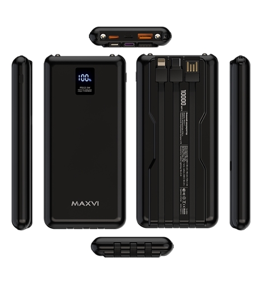 Внешний аккумулятор Maxvi PB10-11 10000 мАч черный 3A, встроенные кабели USB A/Type-C/Lightning