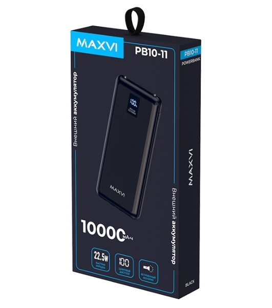 Внешний аккумулятор Maxvi PB10-11 10000 мАч черный 3A, встроенные кабели USB A/Type-C/Lightning